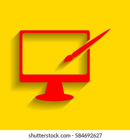 Monitor with brush sign. Vector. Red icon with soft shadow on golden background.