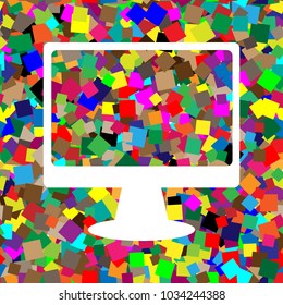 Monitor with brush sign. Vector. White icon on colorful background with seamless pattern from squares.