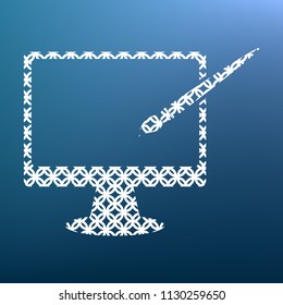 Monitor with brush sign. Vector. White textured icon at lapis lazuli gradient background.