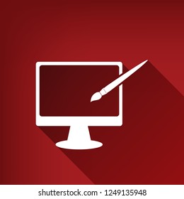 Monitor with brush sign. Vector. White icon with limitless shadow at ruby red background.