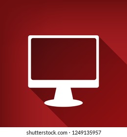 Monitor with brush sign. Vector. White icon with limitless shadow at ruby red background.