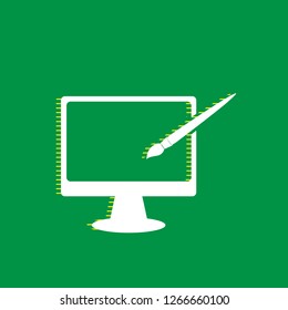Monitor with brush sign. Vector. White flat icon with yellow striped shadow at green background.