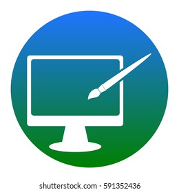 Monitor with brush sign. Vector. White icon in bluish circle on white background. Isolated.