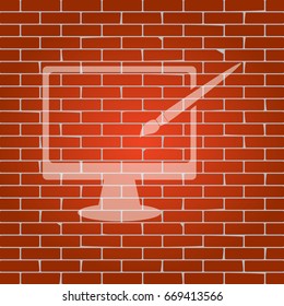 Monitor with brush sign. Vector. Whitish icon on brick wall as background.