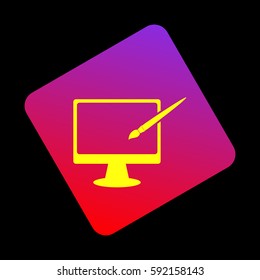 Monitor with brush sign. Vector. Yellow icon at violet-red gradient square with rounded corners rotated for dynamics on black background.