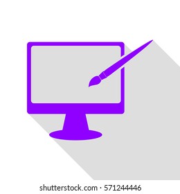 Monitor with brush sign. Violet icon with flat style shadow path.