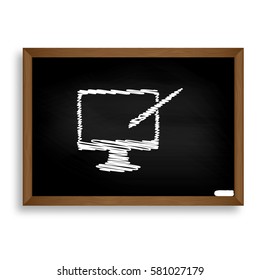 Monitor with brush sign. White chalk icon on black school board 