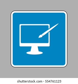 Monitor with brush sign. White icon on blue sign as background.