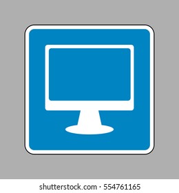 Monitor with brush sign. White icon on blue sign as background.
