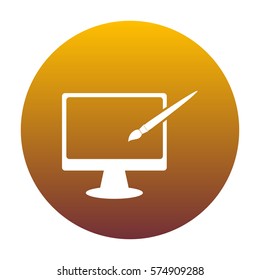 Monitor with brush sign. White icon in circle with golden gradient as background. Isolated.