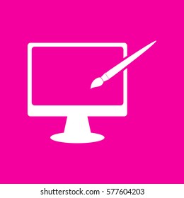 Monitor with brush sign. White icon at magenta background.