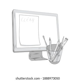 monitor con pinceles y lápices