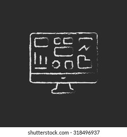 Monitor with a business graph hand drawn in chalk on a blackboard vector white icon isolated on a black background.