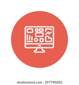 Monitor with business graph thin line icon for web and mobile minimalistic flat design. Vector white icon inside the red circle.
