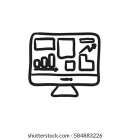 Monitor con gráficos de negocio icono de esbozo vectorial aislado en el fondo. Dibujo manual Monitor con icono de gráficos de negocios. Monitorear con gráficos de negocio dibujando un icono para infografía, sitio web o aplicación.