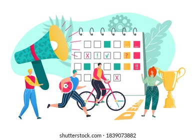 Monitor business team work concept, vector illustration. Flat man woman employee people at office, job modern workplace design. Graphic business creative teamwork at corporate company.