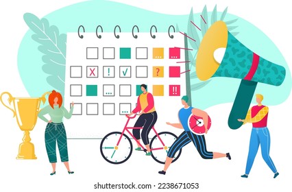 Monitor business team work concept, vector illustration. Flat man woman employee people at office, job modern workplace design.