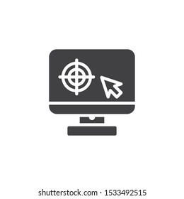 Monitor calibration vector icon. filled flat sign for mobile concept and web design. Computer monitor with target arrow glyph icon. Symbol, logo illustration. Vector graphics