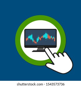 Monitor with candlestick graph icon. Forex trading concept. Hand Mouse Cursor Clicks the Button. Pointer Push Press
