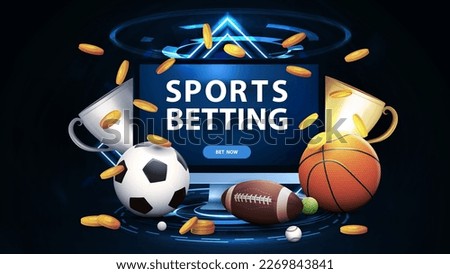Monitor with champion cups, sport balls and gold coins in dark scene with neon rhombus frames and hologram of digital rings