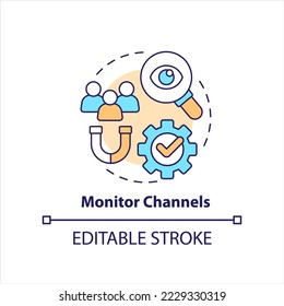 Monitor channels concept icon. Interaction with brand. Social media. Online marketing abstract idea thin line illustration. Isolated outline drawing. Editable stroke. Arial, Myriad Pro-Bold fonts used