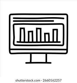 Monitor with chart on screen icon. Hand drawn style.