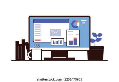 monitor, coffee, plant and book in workplace business computer flat vector illustration.