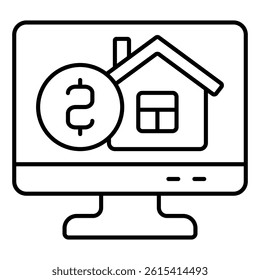 Monitor with coin and house thin line icon, housing market concept. Vector graphics. Display with money, screen sign on white background, linear style for mobile or design