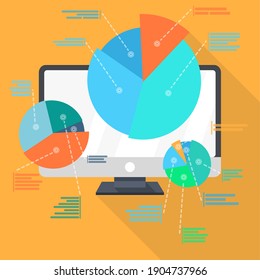 monitor with colorful pie charts and dotted lines from them to text lines. Flat icon with long shadow. Vector stock illustration