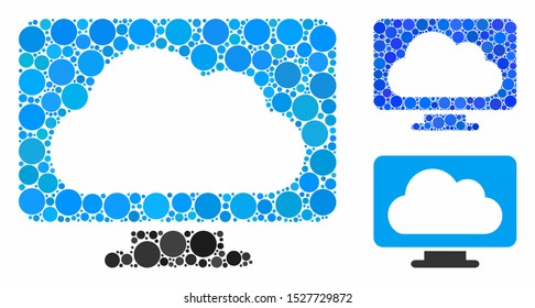Monitor composition of round dots in various sizes and color hues, based on monitor icon. Vector round dots are combined into blue composition. Dotted monitor icon in usual and blue versions.