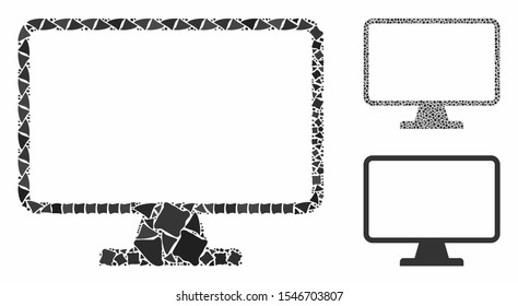 Monitor composition of trembly parts in variable sizes and color tints, based on monitor icon. Vector trembly elements are organized into collage. Monitor icons collage with dotted pattern.