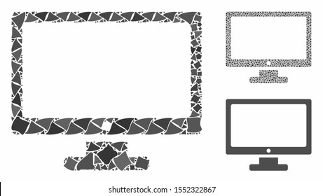 Monitor composition of uneven parts in different sizes and color tinges, based on monitor icon. Vector uneven parts are combined into collage. Monitor icons collage with dotted pattern.