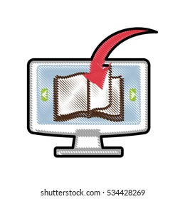 monitor computer with book with download arrow icon over white background. electronic book concept. colorful and sketch design. vector illustration