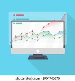monitor of computer with colorful dot graphics on transparent window on light blue background  . Flat icon with long shadow. Vector stock illustration