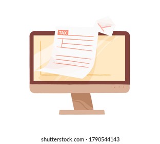 Monitor of computer demonstrate open email with tax form blank vector flat illustration. Online personal taxation, income or revenue calculation isolated. Internet banking or payment service