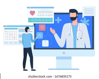 Monitor of computer with doctor, chat with medical assistant, diagnosis or cardiogram report of patient, healthcare and online support, pc vector