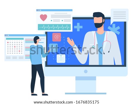 Monitor of computer with doctor, chat with medical assistant, diagnosis or cardiogram report of patient, healthcare and online support, pc vector