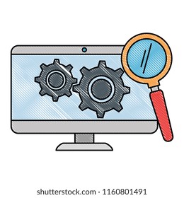 monitor computer with gears and magnifying glass