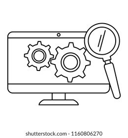 monitor computer with gears and magnifying glass