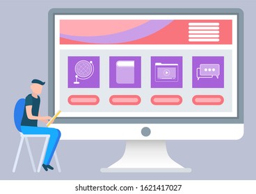 Monitor of computer with globe, book and video, chat links. Person communication with laptop, screen of app with e-learning icons, knowledge online vector