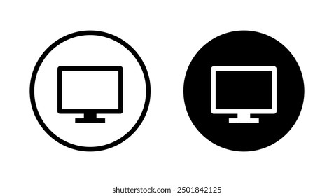 Monitor computer icon on black circle. Display pc desktop sign symbol