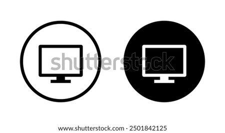 Monitor computer icon on black circle. Display pc desktop sign symbol