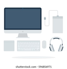Monitor, computer keyboard, mouse, headphones and Power Bank vector flat material design isolated on white