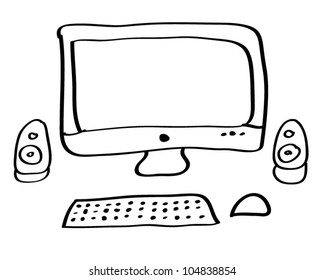 Monitor computer with keyboard mouse and speaker - Vector Cartoon