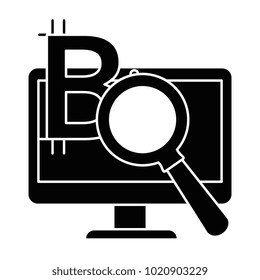 monitor computer with magnifying glass and bitcoin symbol