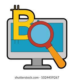 monitor computer with magnifying glass and bitcoin symbol