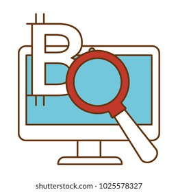 monitor computer with magnifying glass and bitcoin symbol