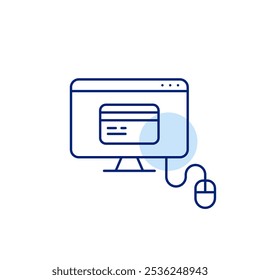 Monitor con ratón de ordenador y tarjeta de crédito en pantalla. Compras seguras en línea. Icono de trazo perfecto y editable del píxel