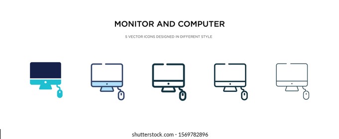 monitor and computer mouse icon in different style vector illustration. two colored and black monitor and computer mouse vector icons designed in filled, outline, line stroke style can be used for