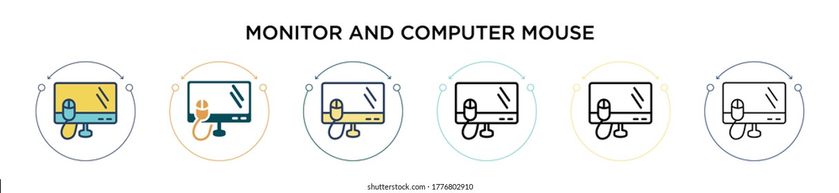 Monitor and computer mouse icon in filled, thin line, outline and stroke style. Vector illustration of two colored and black monitor and computer mouse vector icons designs can be used for mobile,